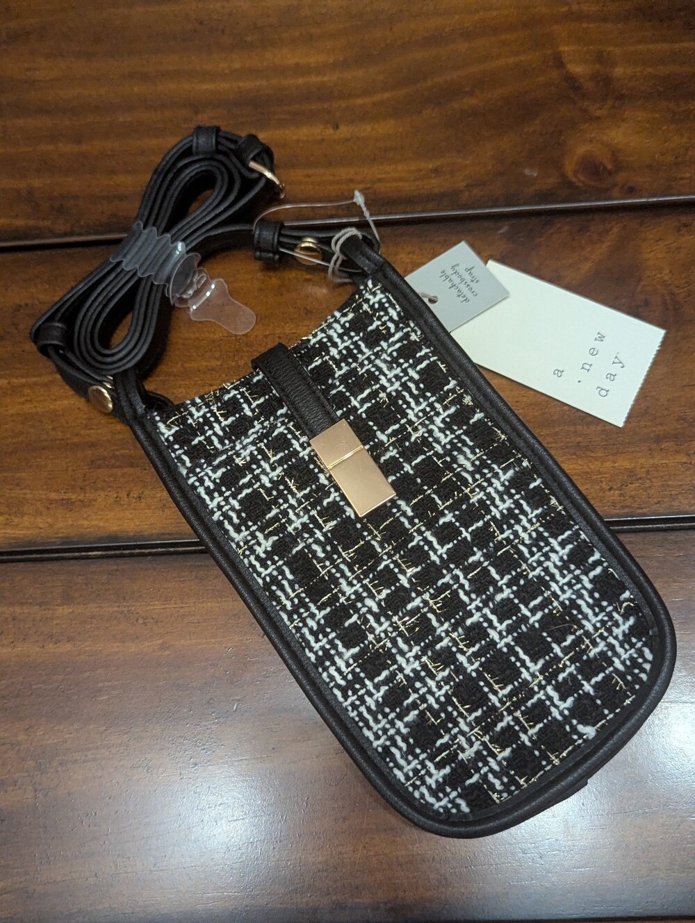 NWT A New Day Black & White Tweed Slim Phone Crossbody Bag Pouch